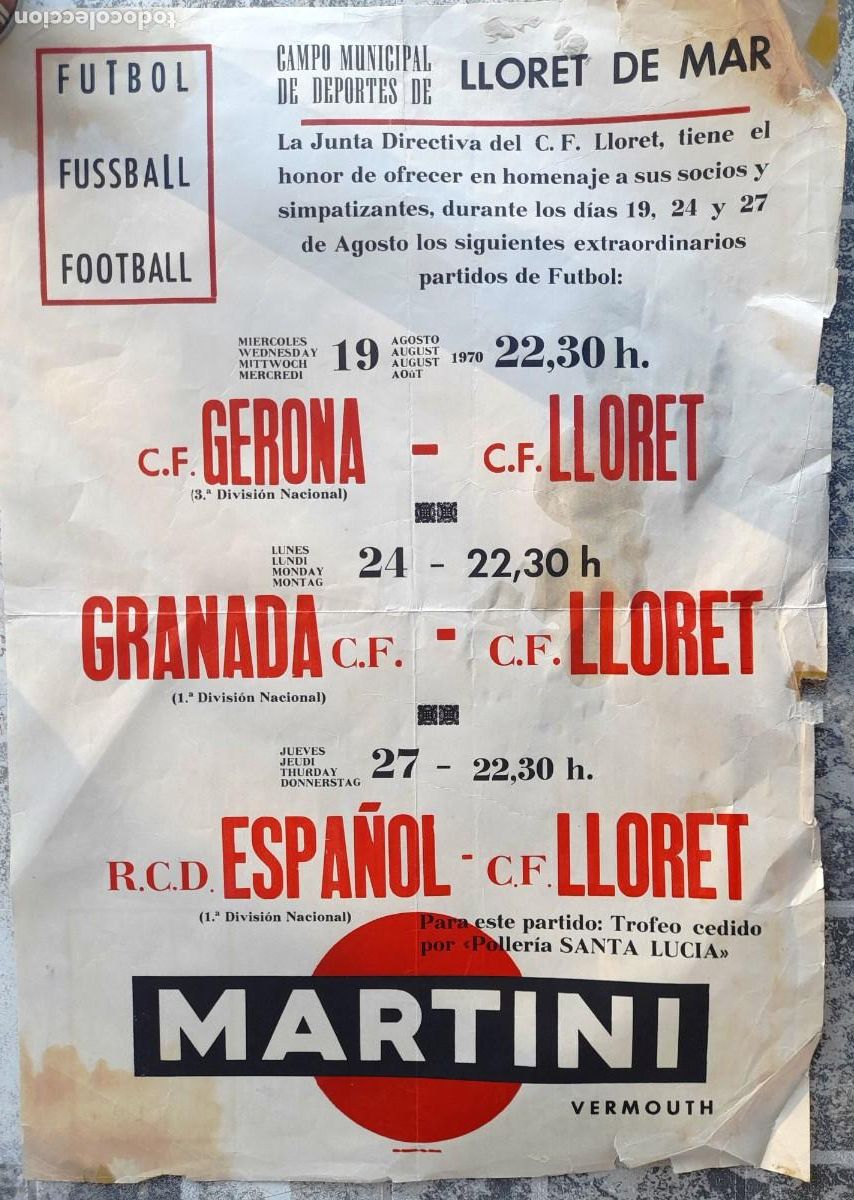 Collezionismo sportivo: 1970 CAMPO MPAL. DEPORTES LLORET DE MAR C. F. LLORET PARTIDOS CONTRA 1&ordf; Y 3&ordf; DIVISI&Oacute;N NACIONAL