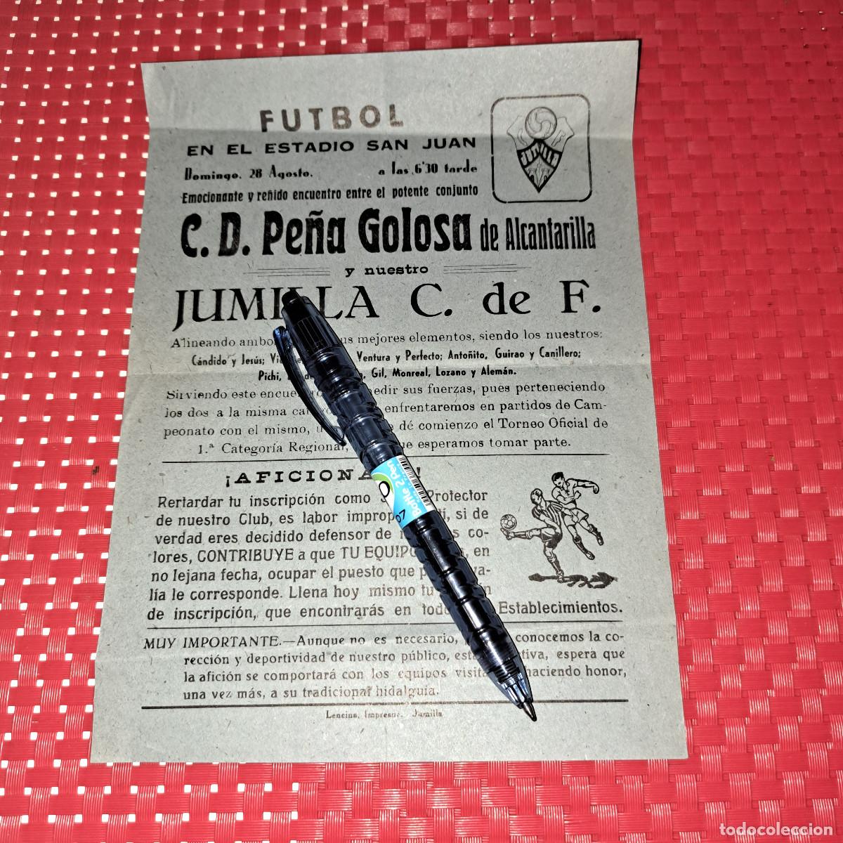 Collectionnisme sportif: JUMILLA, C.F. vs PE&Ntilde;A GOLOSA de ALCANTARILLA - CARTEL F&Uacute;TBOL - A&Ntilde;OS 40 - ESTADIO SAN JUAN