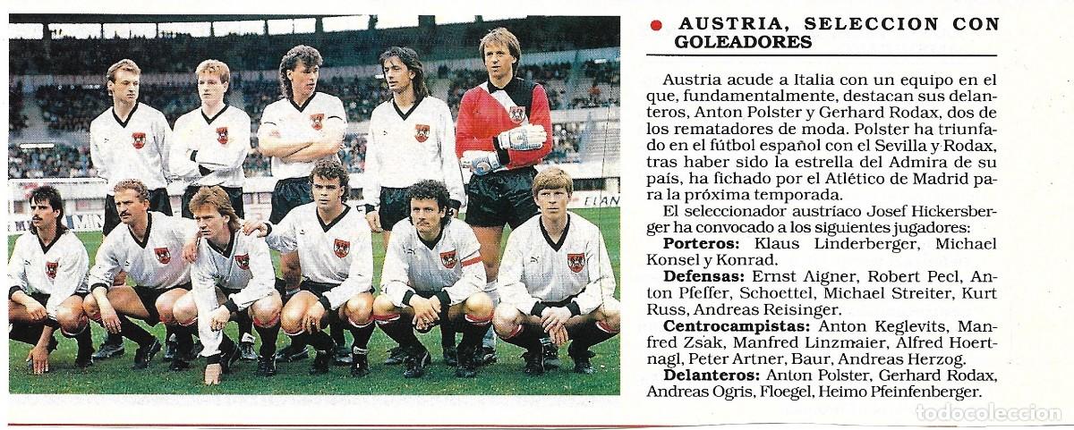 Collectionnisme sportif: Recorte doble de las selecciones de AUSTRIA y COSTA RICA. 1990 (Anverso y reverso)