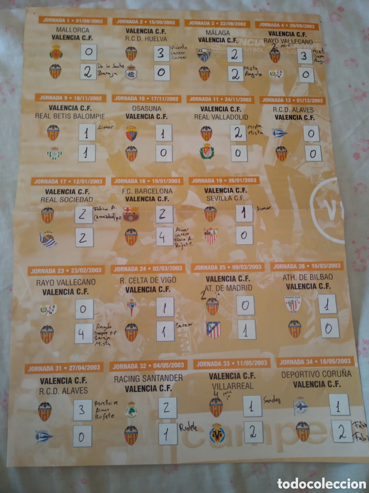 Collectionnisme sportif: CALENDARIO LIGA DE FUTBOL 2002-2003 JORNADA PARTIDO DEL VALENCIA CON RESULTADO 02-03