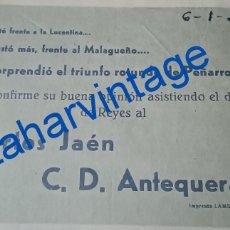 Coleccionismo deportivo: ANTEQUERA, 1957, CARTEL PARTIDO DE FUTBOL MARTOS DE JAEN - C.D.ANTEQUERANO, 16X11 CMS