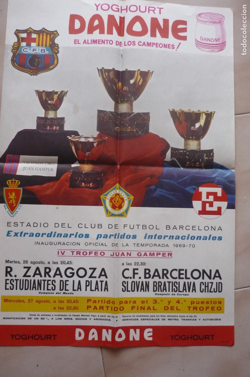 Collezionismo sportivo: poster grande futbol trofeo gamper-1969-7o bar&ccedil;a-slovan-zaragoza-estudiantes