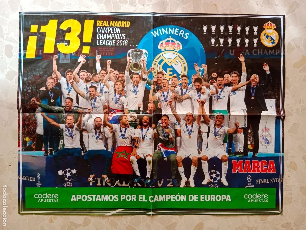Sports collectibles: POSTER LAMINA CARTEL ORIGINAL MARCA REAL MADRID CF 60 x 46 CM - CAMPEONES CHAMPIONS LEAGUE 2018