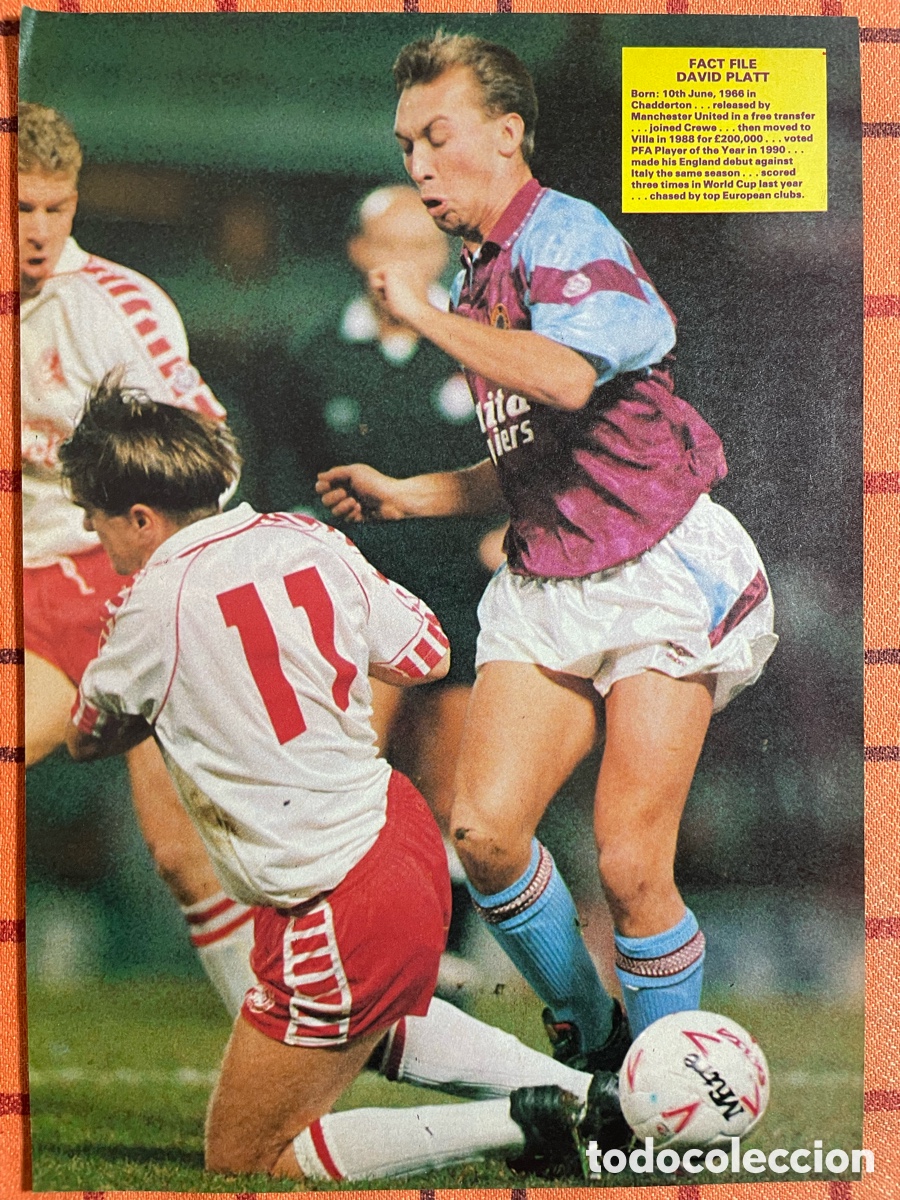 Coleccionismo deportivo: P&oacute;ster A4 David Platt Aston Villa - Fact File Shoot Magazine 90s