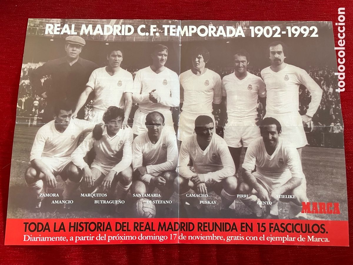 Coleccionismo deportivo: CARTEL POSTER REAL MADRID TEMPORADA 1902 1992 MARCA DI STEFANO PUSKAS GENTO ZAMORA BUTRAGUE&Ntilde;O