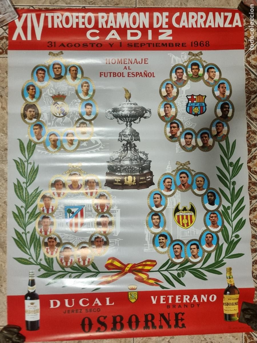 Coleccionismo deportivo: CARTEL FUTBOL TORNEO CARRANZA CADIZ 1968 REAL MADRID BARCELONA VALENCIA ATLETICO MADRID ORIGINAL