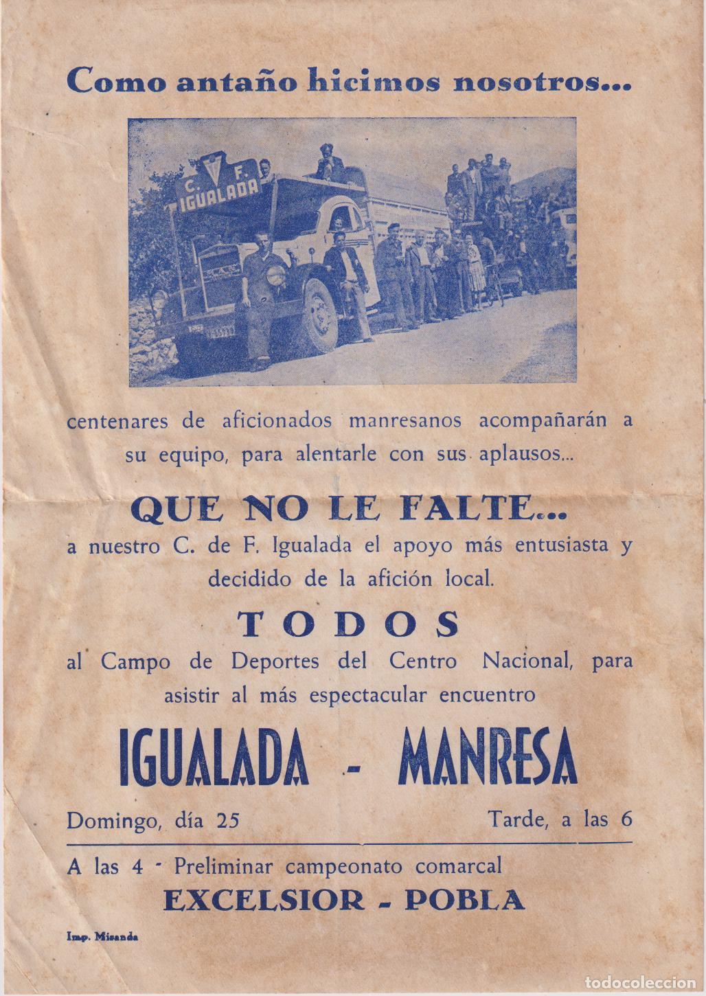 Coleccionismo deportivo: CARTEL PUBLICITARIO PARTIDO DE F&Uacute;TBOL ENTRE EL C. DE F. IGUALADA Y EL MANRESA - 1942