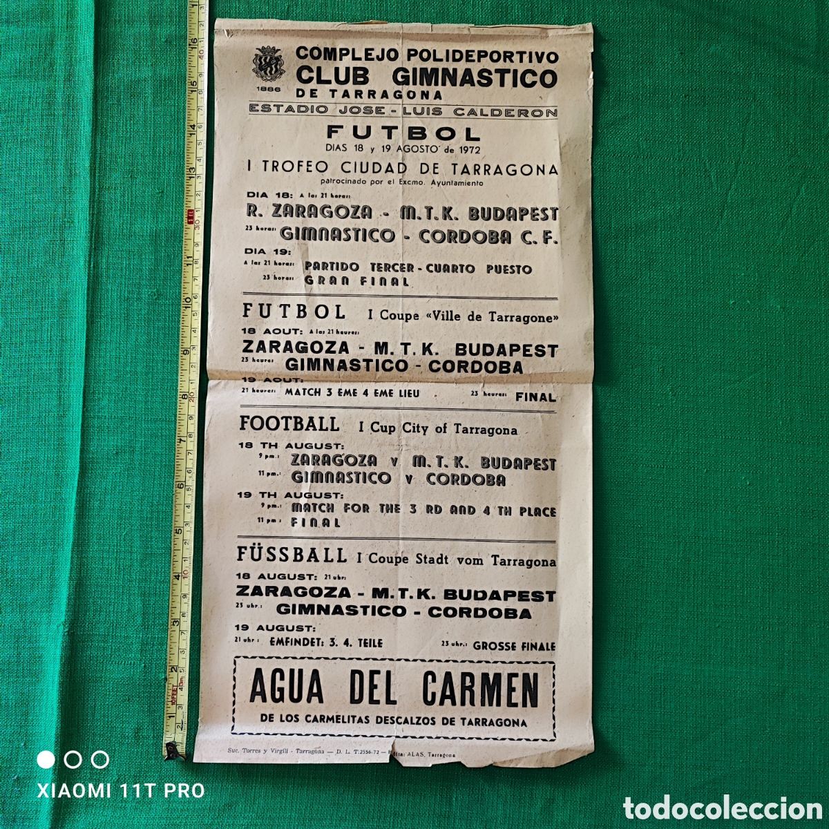 Colecionismo desportivo: Cartel del club Gimn&aacute;stico de Tarragona 1er trofeo ciudad de Tarragona 1972.