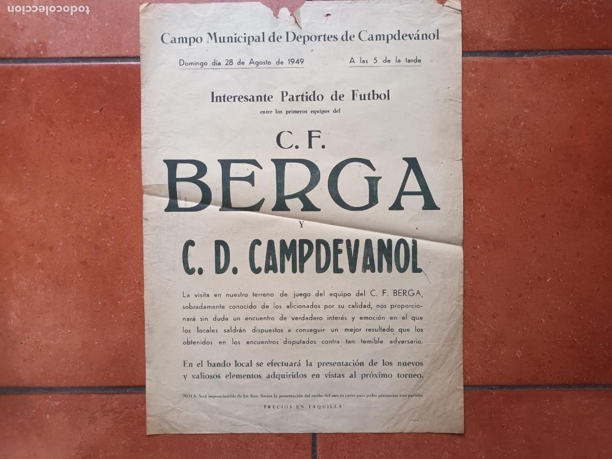 Coleccionismo deportivo: CARTEL CAMPO DEPORTES CAMPDEVANOL PARTIDO FUTBOL C.F BERGA C.D CAMPDEV&Agrave;NOL