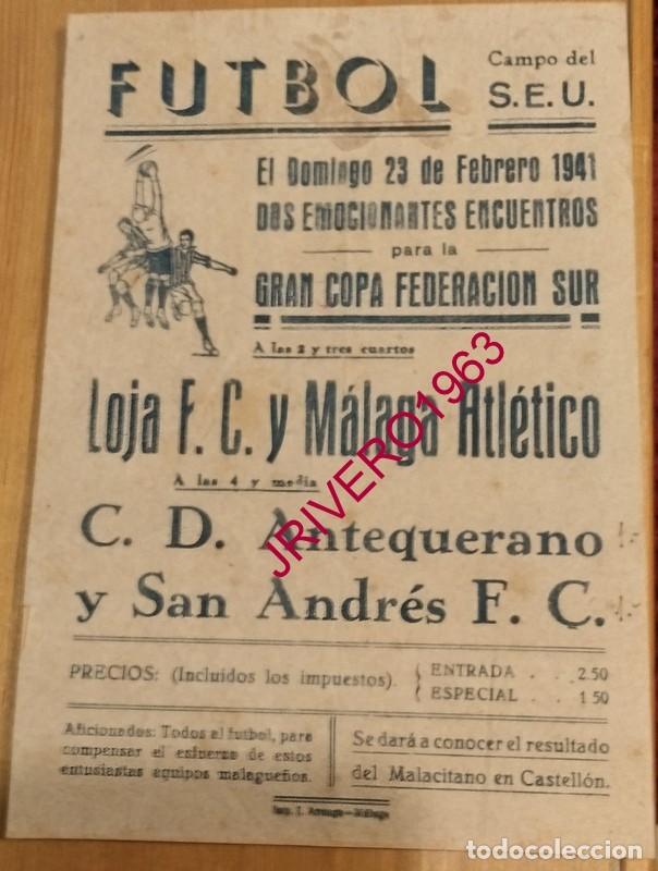 Coleccionismo deportivo: MALAGA, 1941, CARTEL PARTIDO DE FUTBOL, LOJA, F.C. - MALAGA ATLETICO, 15X21 CMS