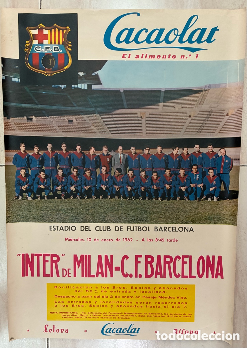 Coleccionismo deportivo: CARTEL OFICIAL PARTIDO FUTBOL C.F BARCELONA VS INTER DE MILAN 10 DE ENERO 1962