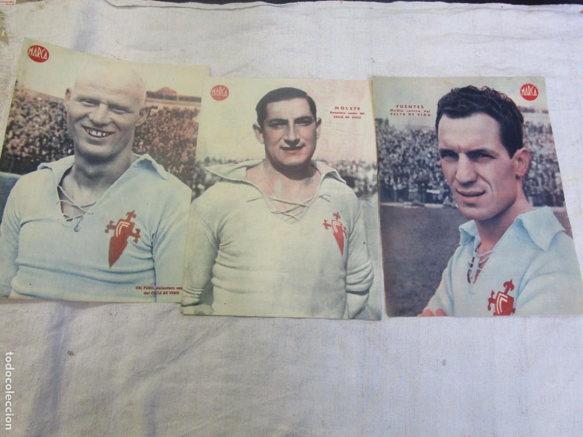 Coleccionismo deportivo: CELTA DE VIGO - 3 LAMINAS DIARIO MARCA ORIGINALES APROX 1950 32X24 - DEL PINO + NOLETE + FUENTES.