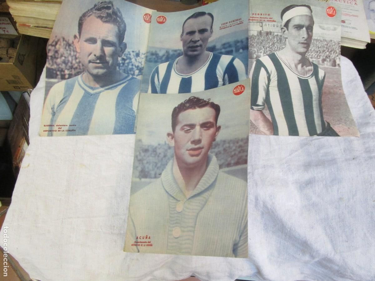 Coleccionismo deportivo: DEPORTIVO LA CORU&Ntilde;A - 4 LAMINAS MARCA ORIGINALES APROX 1950 32X24 - ACU&Ntilde;A PEDRITO ELICEGUI BIENZOBAS