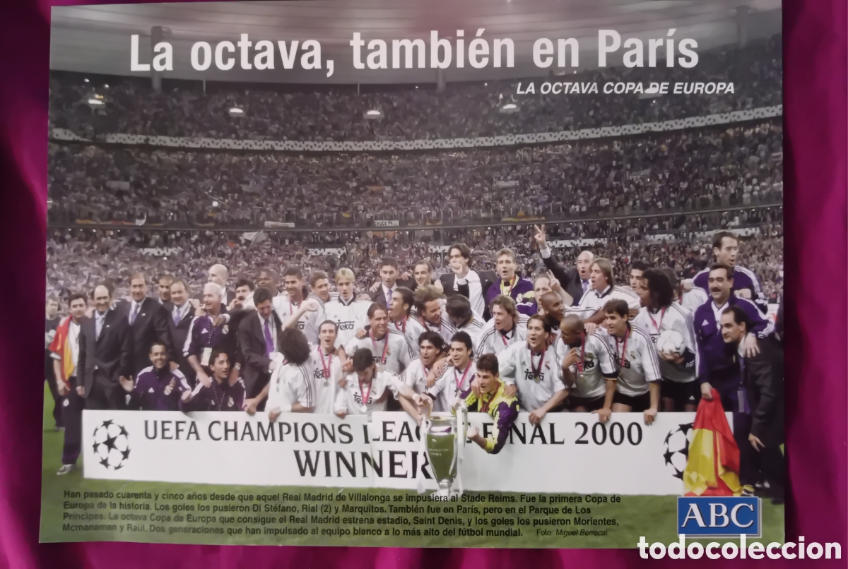 Coleccionismo deportivo: L&aacute;mina Real Madrid &rdquo;La Octava&rdquo; Par&iacute;s 2000 (21x28 cm)