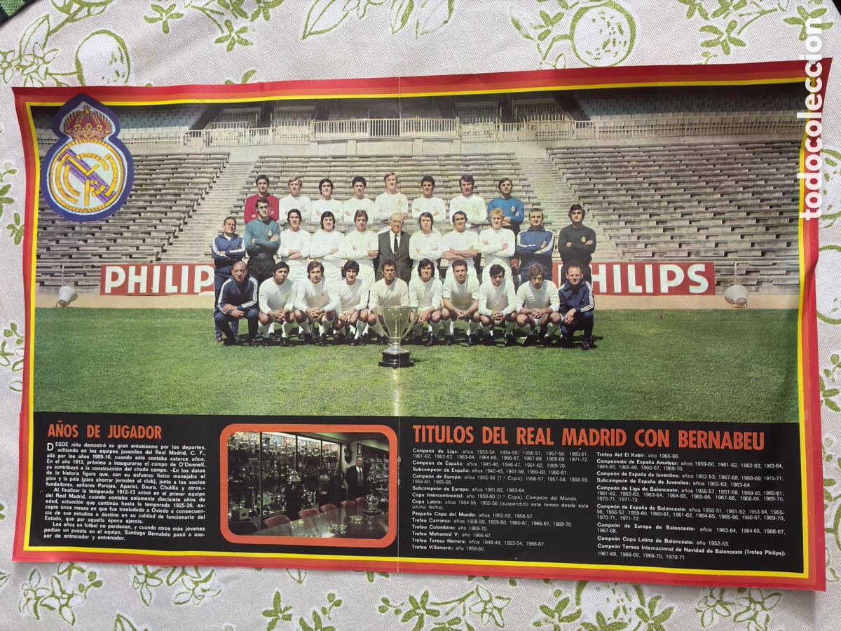 Coleccionismo deportivo: L&aacute;mina / P&oacute;ster doble vintage - Santiago Bernab&eacute;u / T&iacute;tulos Real Madrid con Bernab&eacute;u
