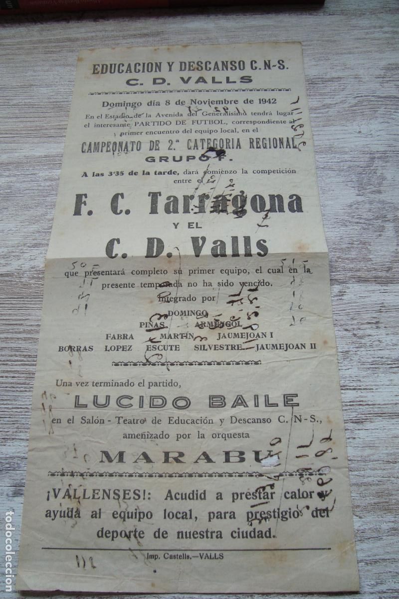 Coleccionismo deportivo: ANTIGUO CARTEL PARTIDO FUTBOL C.D.VALLS - F.C TARRAGONA. VALLS 1942. ORQUESTA MARABU