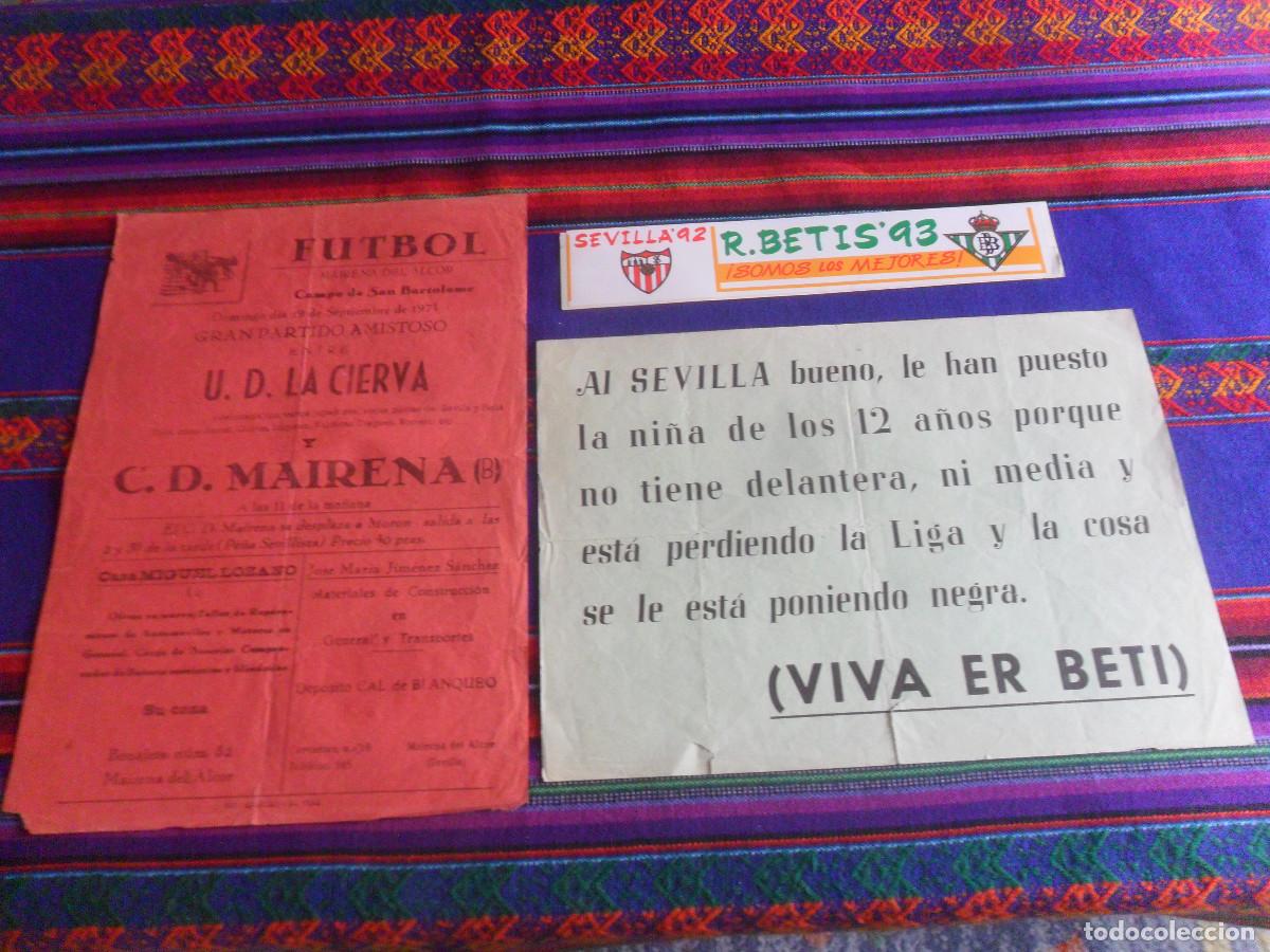 Coleccionismo deportivo: CARTER REAL B&Eacute;TIS HUMOR CONTRA SEVILLA FC, PARTIDO UD LA CIERVA VS CD MAIRENA B 1971, PEGATINA 92 93