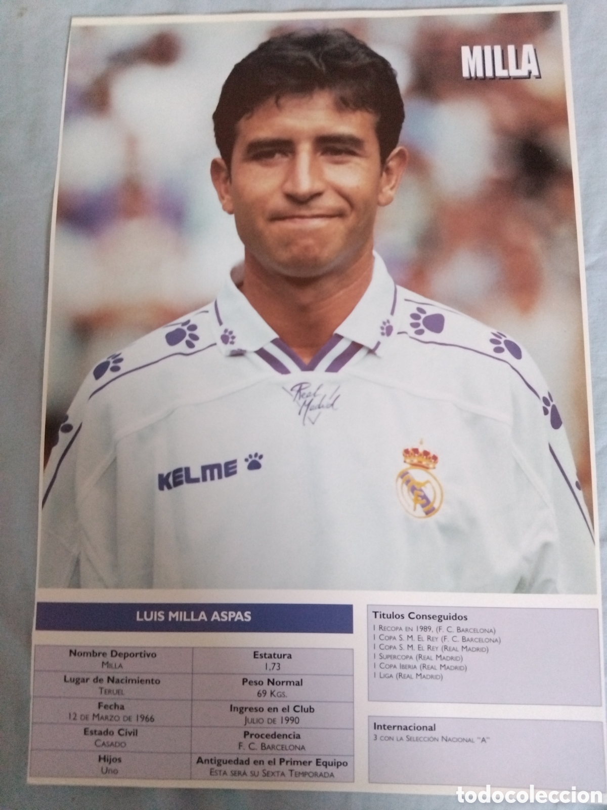 Coleccionismo deportivo: Poster L.Milla R.Madrid 95/96 - 34x23cm