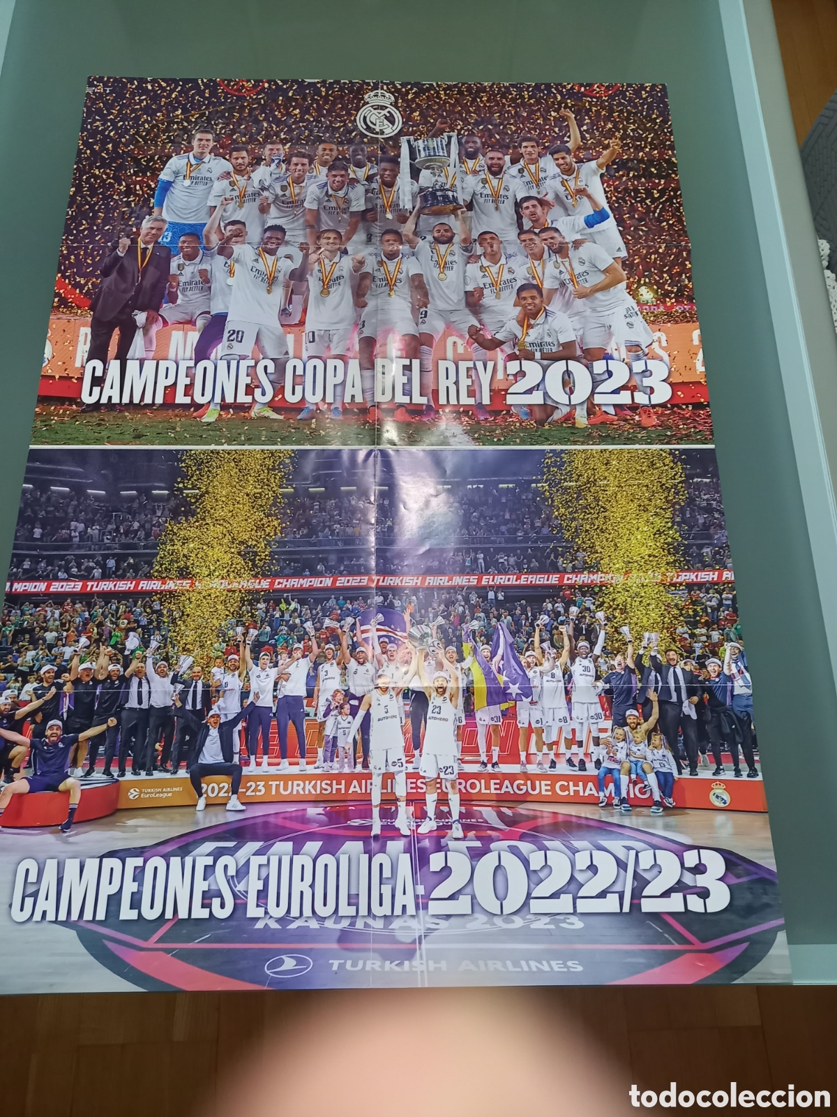 Collezionismo sportivo: Lote 5 P&oacute;sters Real Madrid - Campeones (Liga, Copa, Supercopas y Homenaje Paco Gento