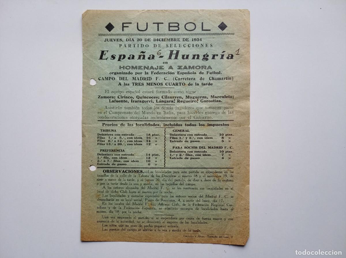 Coleccionismo deportivo: RARISIMO CARTEL EN HOMENAJE A ZAMORA DE LA SELECCI&Oacute;N ESPA&Ntilde;OLA.20 DICIEMBRE 1934. ESPA&Ntilde;A 6 -HUNGRIA 1