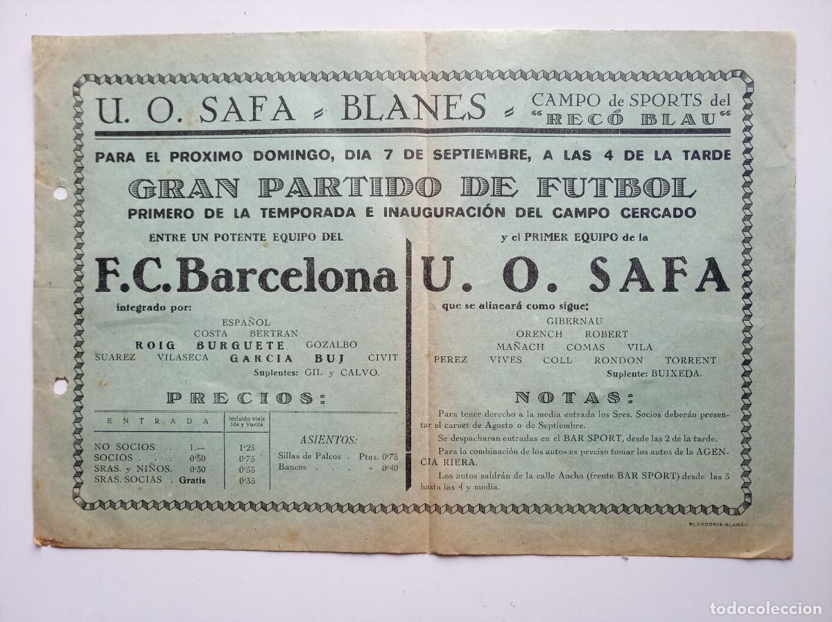 Coleccionismo deportivo: RARO CARTEL DEL F.C. BARCELONA CONTRA EL U.O. SAFA DE BLANES. 7 DE SEPTIEMBRE A&Ntilde;OS 1920