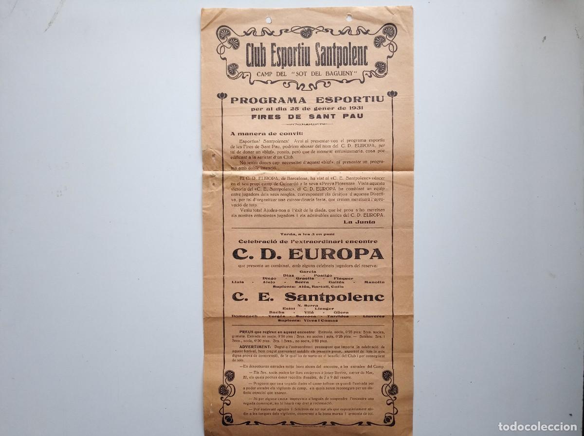 Coleccionismo deportivo: ANTIGUO CARTEL DE FUTBOL DE LA REPUBLICA. C.D. EUROPA CONTRA C.E. SANTPOLENC. 25 GENER 1931