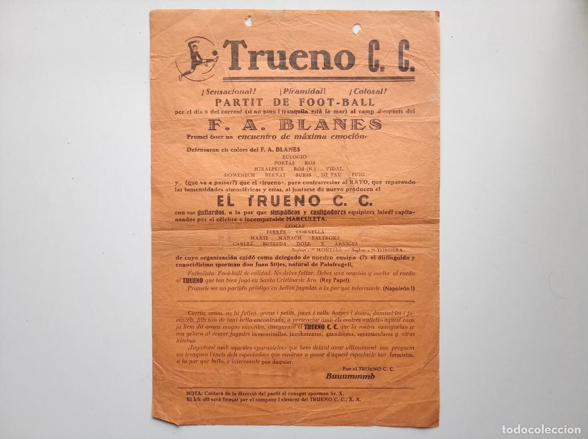 Coleccionismo deportivo: ANTIGUO CARTEL DE FUTBOL DE LOS A&Ntilde;OS 1920. TRUENO C.C. CONTRA F.A. BLANES.