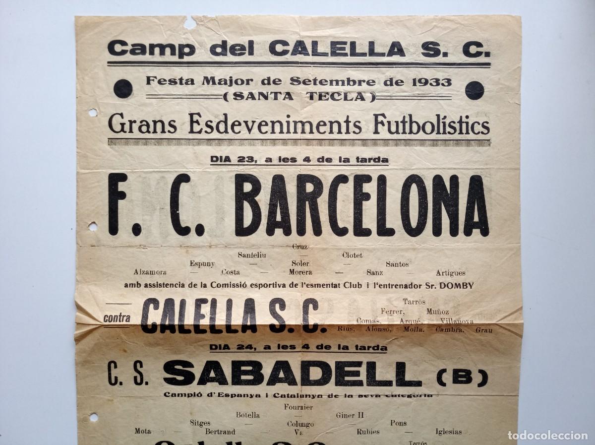 Coleccionismo deportivo: CARTEL ANTIGUO DE FUTBOL DE LA REPUBLICA. F.C. BARCELONA- CALELLA- C.S. SABADELL. SETEMBRE 1933