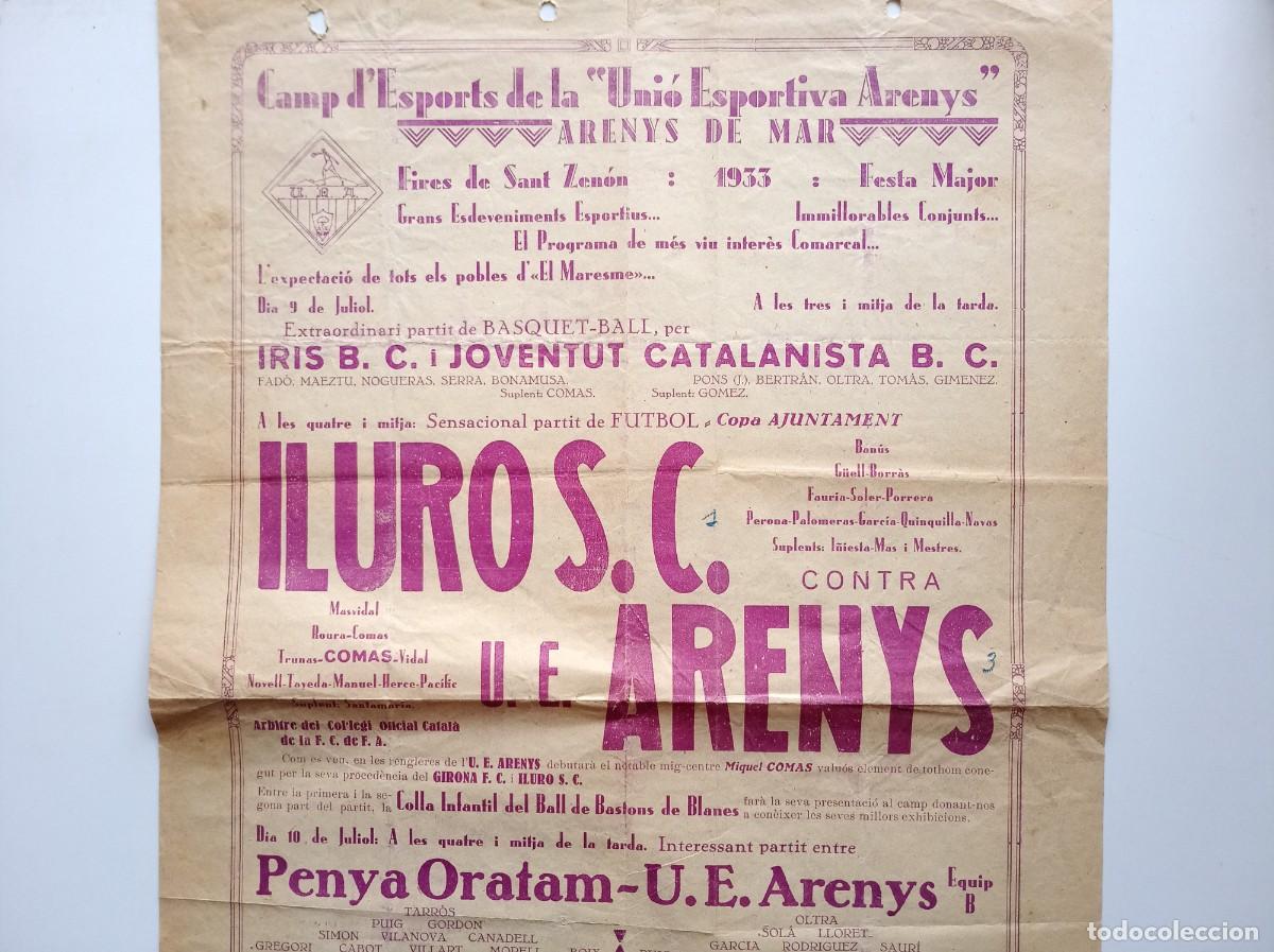 Coleccionismo deportivo: CARTEL ANTIGUO DE FUTBOL DE LA REPUBLICA. ILURO S.C. CONTRA -U.E. ARENYS. 1933.