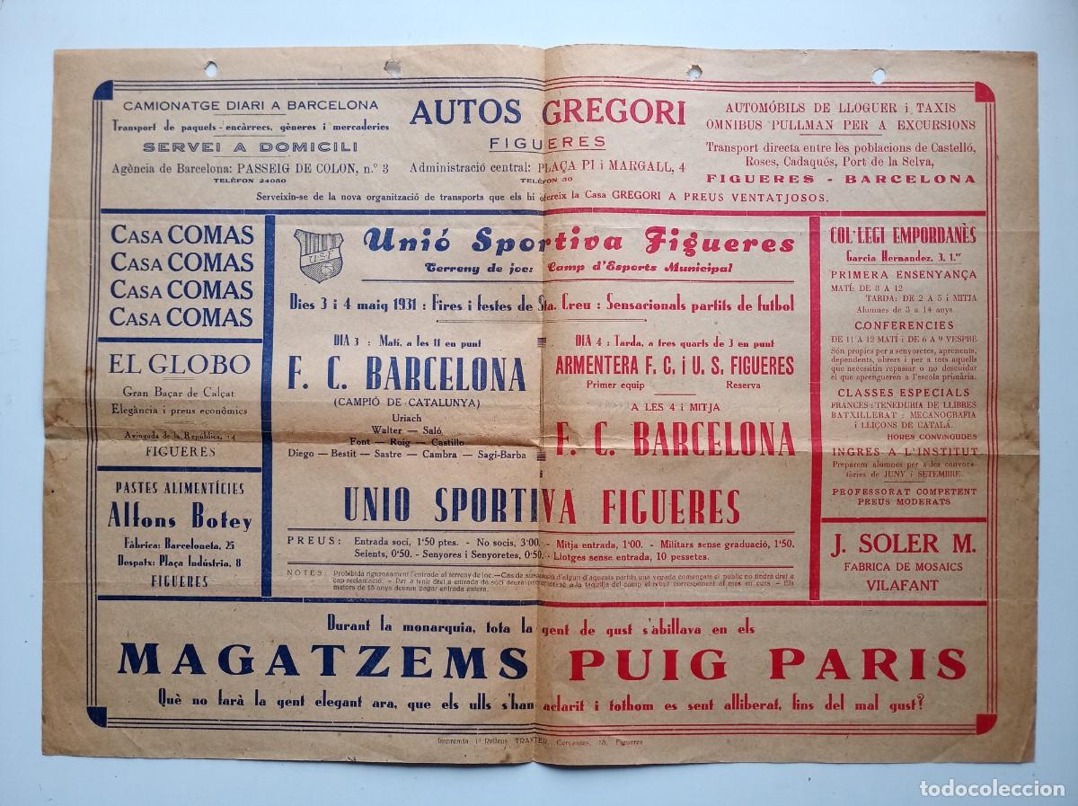 Coleccionismo deportivo: CARTEL ANTIGUO DE FUTBOL DE LA REPUBLICA. F.C. BARCELONA CONTRA U.E. FIGUERES. 3-4 MAIG 1931