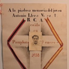 Carteles Guerra Civil: RECORDATORIO DE FALLECIDO DEL BANDO NACIONAL EN LA GUERRA CIVIL ESPAÑOLA - 1938 - CAÍDO EN PAMPLONA. Lote 398166759
