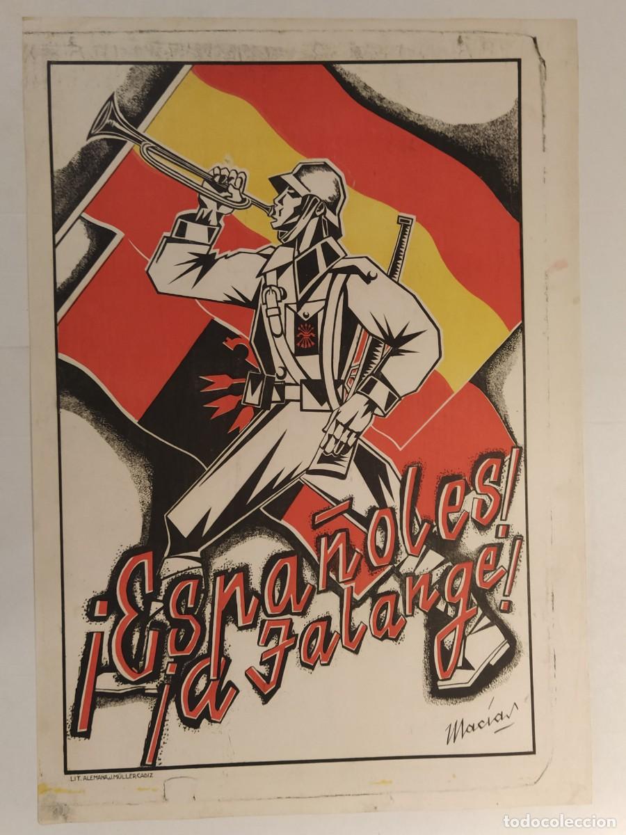 Carteles Guerra Civil: GUERRA CIVIL - ESPA&Ntilde;OLES A FALANGE - ILUSTRA MACIAS - CARTEL ANTIGUO ORIGINAL -VER FOTOS