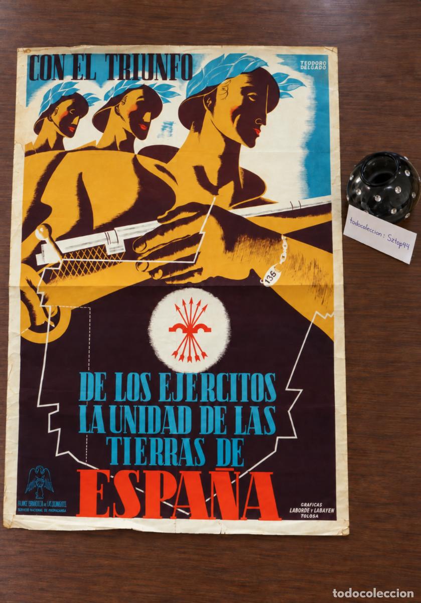 Carteles Guerra Civil: Antiguo Cartel Propaganda Guerra Civil 1938 - Con El Triunfo - Teodoro Delgado