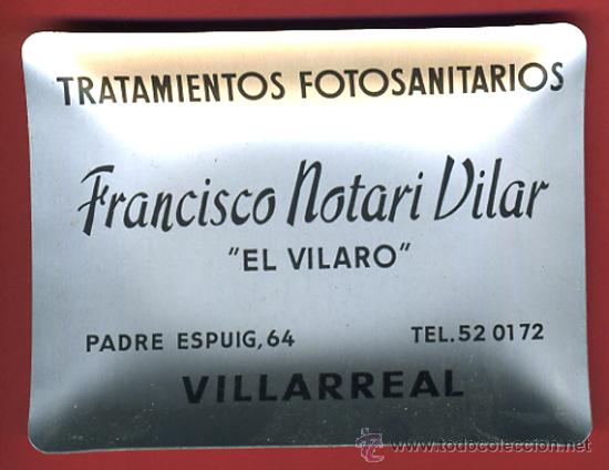 Plakate: BADEJA CENICERO CHAPA, ALUMINIO, PUBLICIDAD FARMACIA , VILLARREAL , ORIGINAL , V4