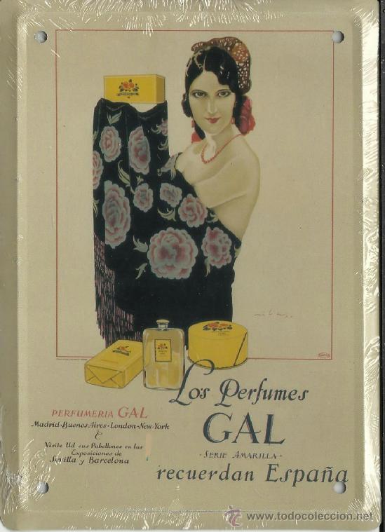 Posters: CARTEL MET&Aacute;LICO. PERFUMES Y PERFUMERIAS GAL 12,5 X 17,5 CM.