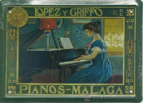 Posters: CARTEL MET&Aacute;LICO. PIANOS L&Oacute;PEZ Y GRIFFO DE M&Aacute;LAGA. 12,5 X 17,5 CM.