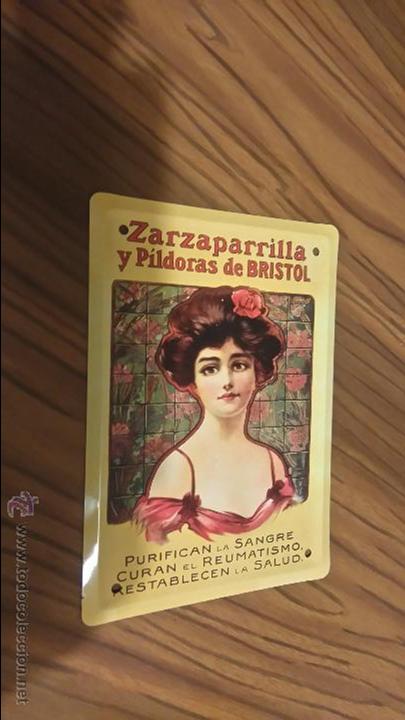 Affiches: CARTEL PUBLICITARIO MET&Aacute;LICO 12 X 18. ZARZAPARRILLA BRISTOL. BUEN ESTADO