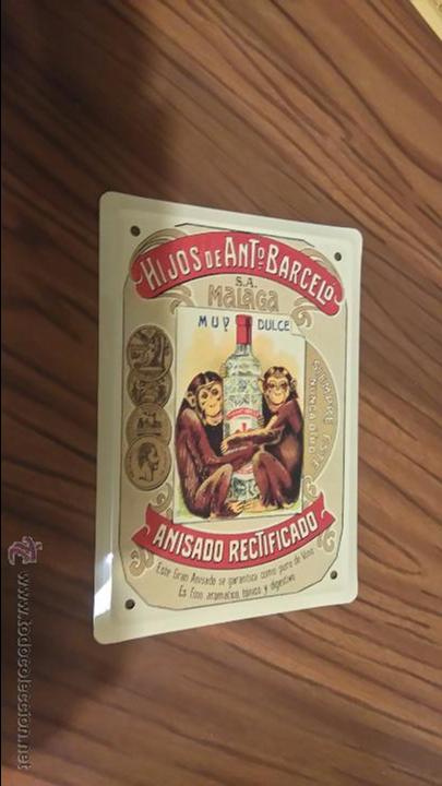 Plakate: CARTEL PUBLICITARIO MET&Aacute;LICO 12 X 18. HIJOS DE ANTONIO BARCEL&Oacute;. VINO M&Aacute;LAGA. BUEN ESTADO