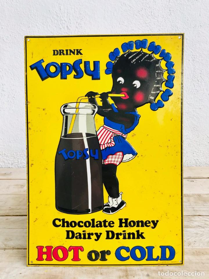 Plakate: CARTEL PUBLICITARIO BATIDO DE CHOCOLATE DRINK TOPSY CARTEL DE METAL LETRERO VINTAGE BLACK AMERICANA
