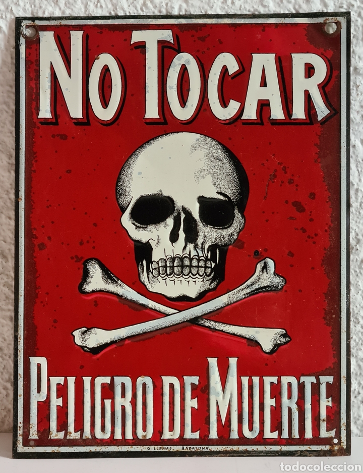 Affiches: Antigua Placa Litograf&iacute;ada Calavera No Tocar Peligro de Muerte firmada G. Llamas Badalona Decoraci&oacute;n