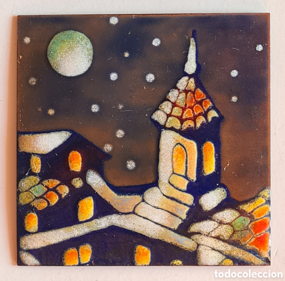 Posters: Peque&ntilde;a Placa Met&aacute;lica Esmaltada Noche Invierno Luna Llena Nieve - Decoraci&oacute;n R&uacute;stica Navidad