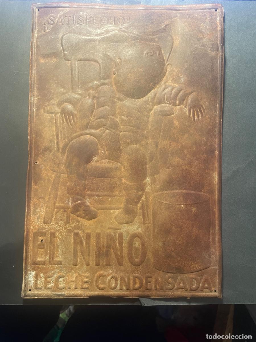 Posters: ANTIGUA CHAPA DE LATA . &iexcl; SATISFECHO ! EL NI&Ntilde;O LECHE CONDENSADA - CHAPA METALICA 29,5X19,5 CM.