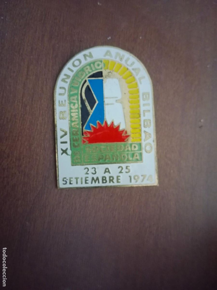 Plakate: PRECIOSA PLACA/ CHAPA ESMALTADA 1974 - XIV REUNION ANUAL BILBAO - S.E. CERAMICA Y VIDRIO 4,5 x 3 CM