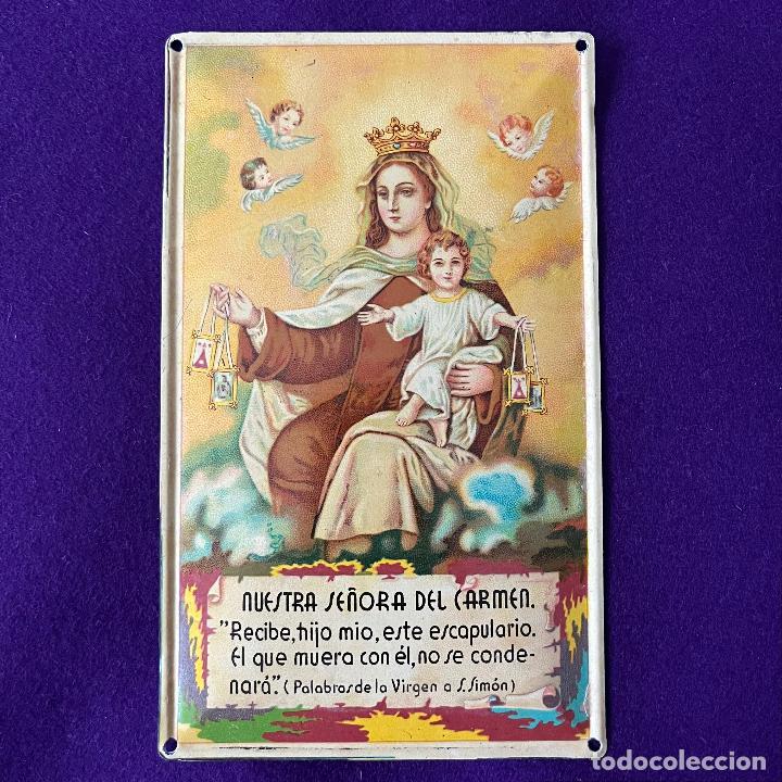 Carteles: ANTIGUA CHAPA METALICA DE LA VIRGEN DEL CARMEN. PARA PUERTA. LITOGRAFIADA. A&Ntilde;OS 30.