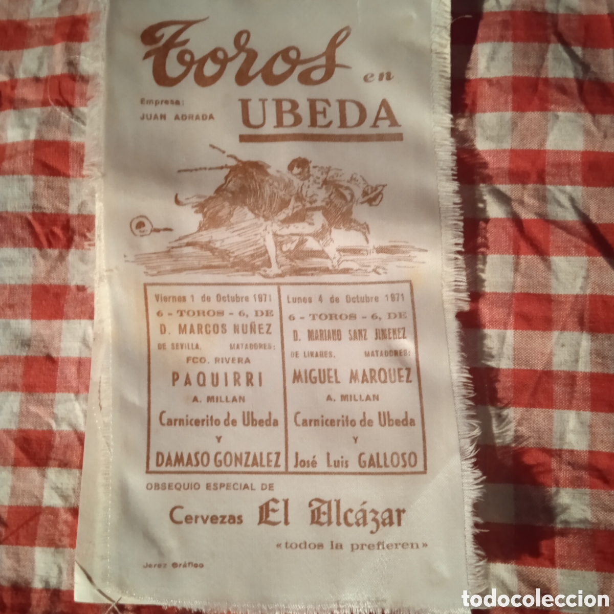 Affiches: 1971,paquirri,Cartel de &Uacute;beda toros en seda 10x16.5 obsequio cerveza eial azar