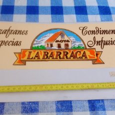 Carteles: CHAPA LATA DE EXPOSITOR LA BARRACA MOYA, AZAFRAN, CONDIMENTOS, INFUSIONES ESPECIAS, 34 X 19 CM.