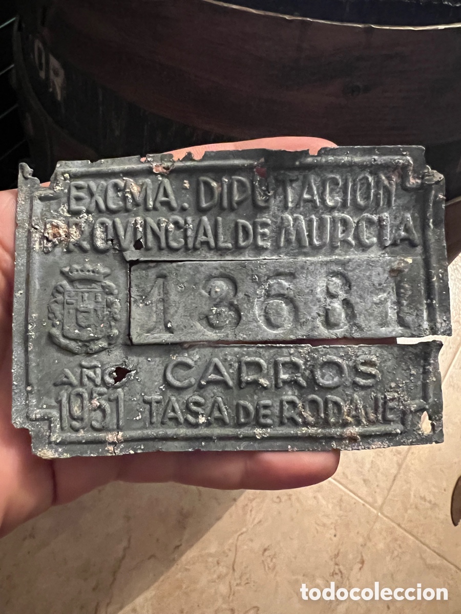 Plakate: ANTIGUA PLACA MATR&Iacute;CULA DE CARRO EXCMA.DIPUTACION PROVINCIAL DE MURCIA, 1951,TASA DE RODAJE