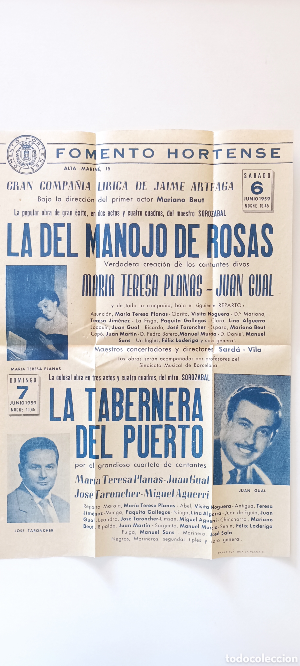 Carteles: Cartel programa&rdquo;La del manojo de rosas&rdquo;y&rdquo;La tabernera del puerto&rdquo;Compa&ntilde;&iacute;a l&iacute;rica Jaime Arteaga.1959