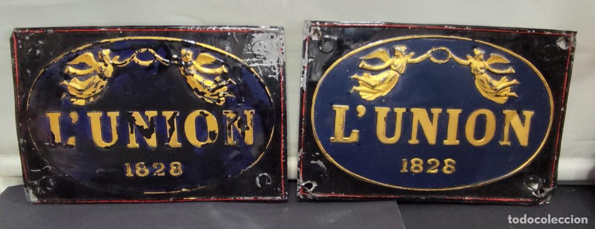 Carteles: Conjunto de dos Chapas SEGUROS L&acute;UNION 1828 ORIGINAL Meddia 27 X 18 cm.