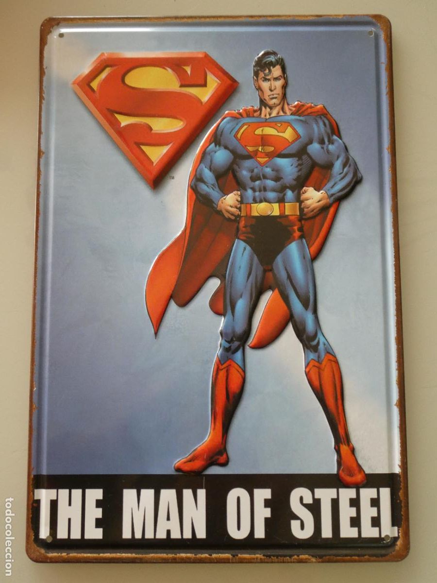 Carteles: CHAPA CARTEL MET&Aacute;LICO. COMICS TEBEOS DIBUJOS ANIMADOS SUPERHEROES. SUPERMAN. 30X20CM. 150GR